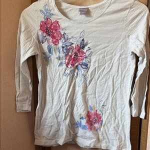 Laura Scott Pink Floral Striped Long Sleeve Top small
